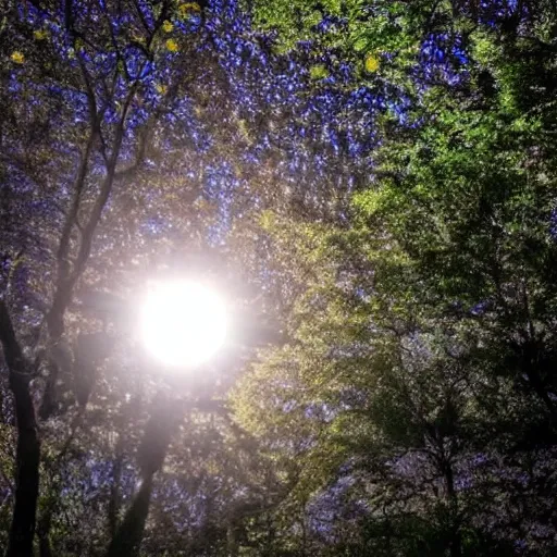 Image similar to The moon was shining in a clearing with flowers, Reflected the sun in blue, Lights in every house Through the foliage of trees, soothing, relaxed, serene, soothing, cozy, calm, quiet, pastel, delicate, elegant, refined, fragrant, soft, airy, elegant, gentle, soft, light