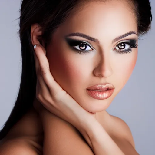 Image similar to a portrait photograph of a glamorous, curves, stunning, venezuelan supermodel, canon 8 5 mm f 1. 2 photograph head and shoulders portrait