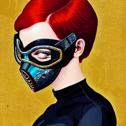 Prompt: portrait of red head woman with a diver mask :: side profile :: in ocean :: guns and bullets :: metallic clockwork details :: gold and petals pattern :: blood and horror :: by marvel and Sandra Chevrier