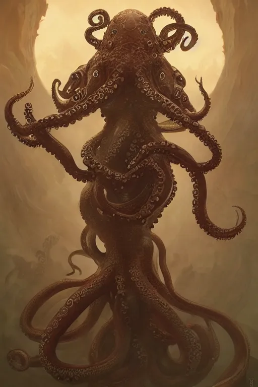 Prompt: a anthropomorphic octopus warrior, D&D, fantasy, intricate, highly detailed, digital painting, artstation, concept art, smooth, sharp focus, illustration, art by artgerm and greg rutkowski and alphonse mucha