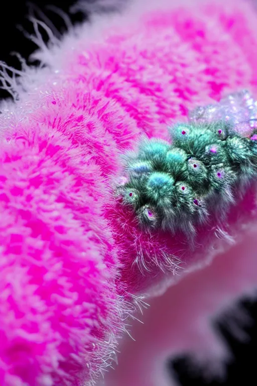 Image similar to high quality close-up photo pearlescent fluffy caterpillar! gorgeous highly detailed hannah yata elson peter cinematic pink lighting high quality low angle hd 8k sharp shallow depth of field