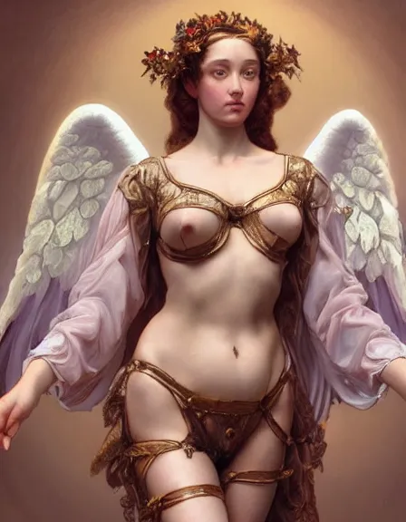 Prompt: a detailed hyperrealistic renaissance angel wearing an intricate leather garters set, honey birdette, realistic renaissance portrait, highly detailed, digital painting, artstation, concept art, smooth, sharp focus, illustration, cinematic lighting, art by artgerm and wlop and alphonse mucha and jacques louis david and john william godward
