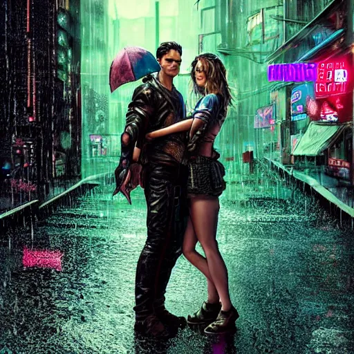 Image similar to An epic fantasy comic book style full body portrait painting of very beautiful cyberpunk hackers Matt Bomer and Emma Stone in the rain, neon reflections in the rain puddles, stunning 3d render inspired art by Tim Okamura and Lise Deharme + perfect facial symmetry + dim volumetric lighting, 8k octane beautifully detailed render, post-processing, extremely hyperdetailed, intricate, epic composition, grim yet sparkling atmosphere, cinematic lighting + masterpiece, trending on artstation, very very detailed, masterpiece, stunning