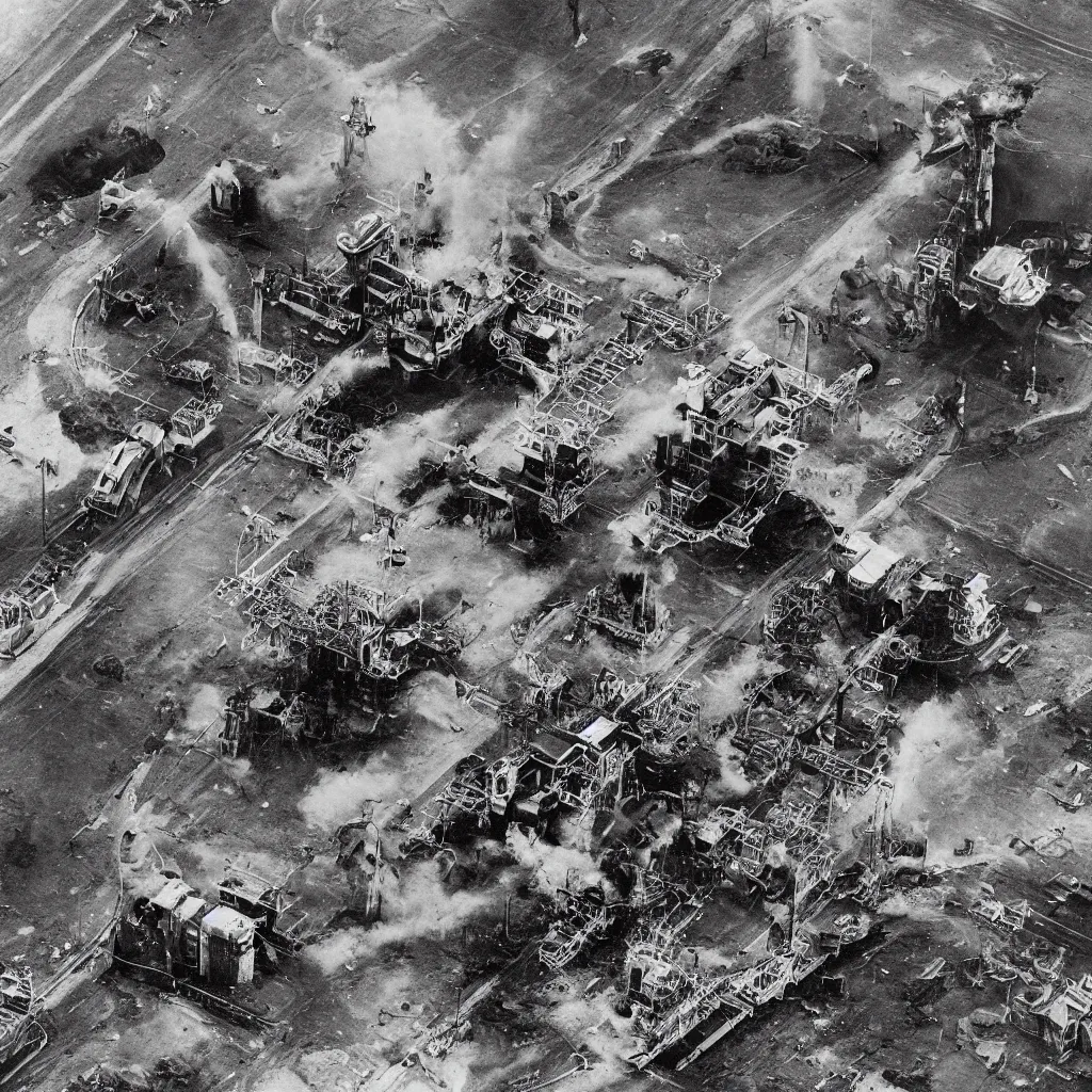 Prompt: An aerial view of a machine to terraform the Earth with smoke, pipes, oil spill and computers after destruction in the style of Robert Doisneau