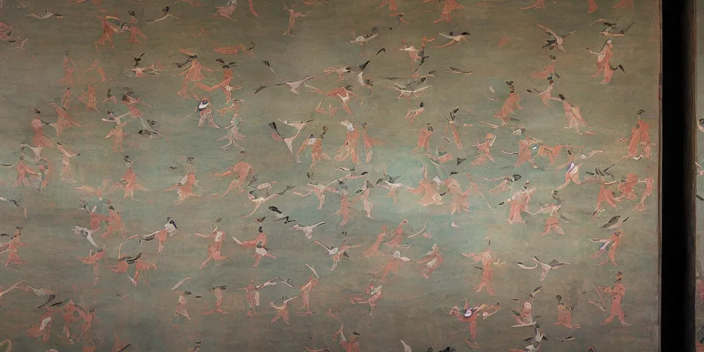 Prompt: gorgeous dunhuang frescoes, flying birds, little girls in white, neatly arranged, gorgeous floral patterns