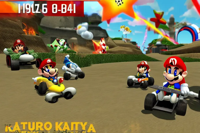 Image similar to mario kart at normandy beach, 1 9 4 5, ingame screenshot, highly detailed