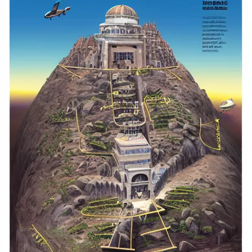 Prompt: diagram illustration of osama bin ladens mountain fortress, cutaway, underground, from time magazine 2 0 0 2