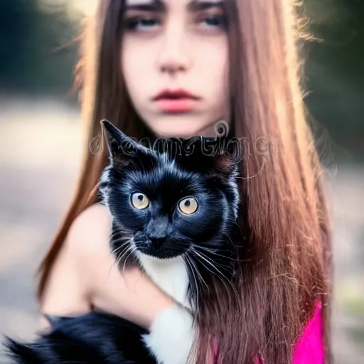 Prompt: a girl with long messy dark hair, ( ( ( goth style ) ) ), shiny eyes, holding a cat in her arms, a stock photo by juan villafuerte, pexels contest winner, high quality photo, rtx, hd, rasquache