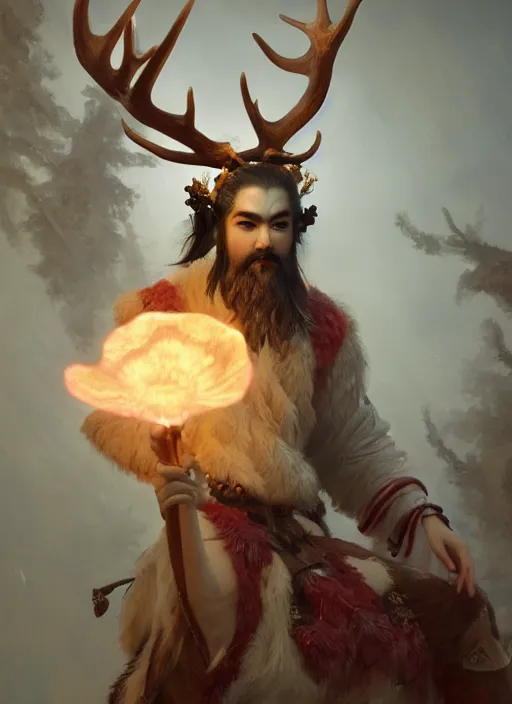 Image similar to Gigantic Deity with antlers and a white face, translucent amulets, extremly detailed oil painting, subsurface scattering, in the style of Fenghua Zhong and Ruan Jia and Jeremy Lipking, rim light, beautiful lighting, mystic, 8k, stunning scene, raytracing, octane, trending on artstation