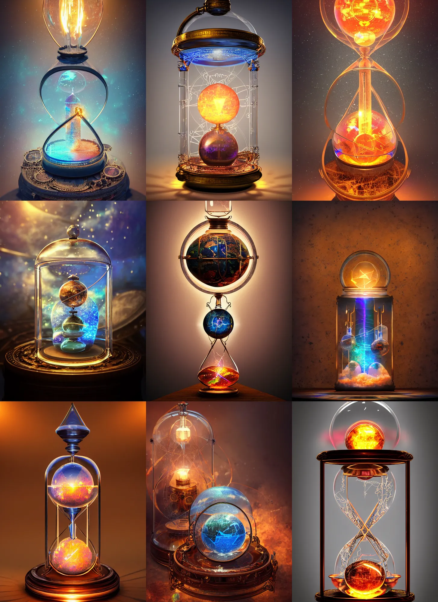 Prompt: iridescent steampunk planisphere inside a glass jar, hourglass, lightning, himalayan rocksalt lamp, intricate detail, volumetric lighting, epic composition, hyper detailed, ultra realistic, sharp focus, octane render, candle, volumetric, ray tracing, artstation trending, cgsociety, sense of awe, swirling mist, 4 k