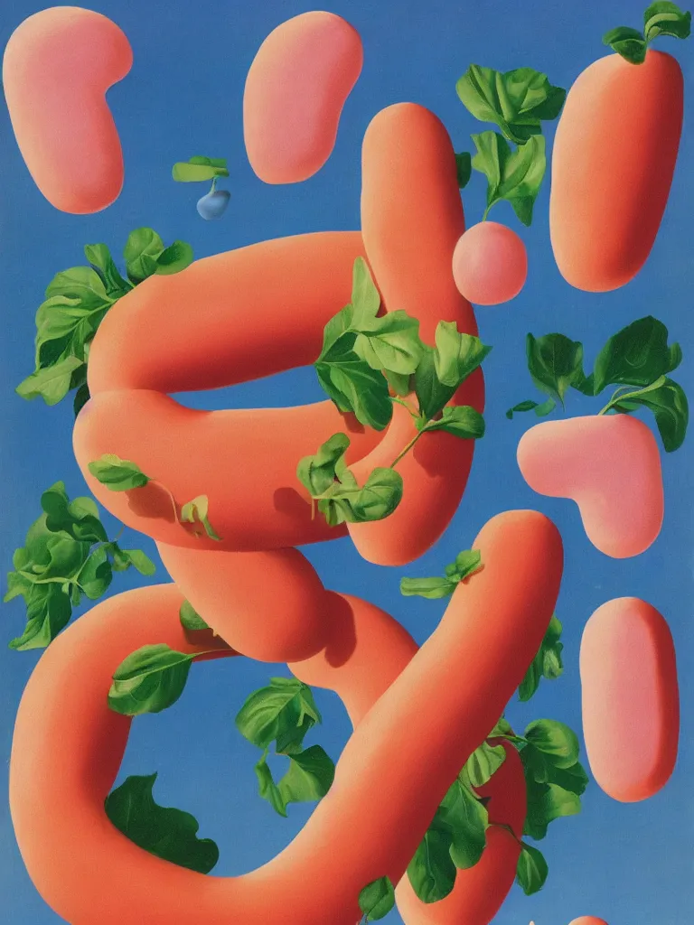 Image similar to Rene Magritte's Son Of Man painting with a floating pink hotdog blocking the face, the hotdogs all have faces, the hotdog has a stem and leaves and is growing more unripe hotdogs on the hotdog vine