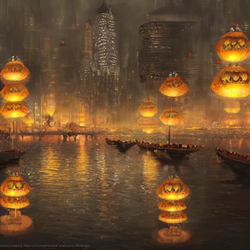 Image similar to concept art, river lanterns on the eve of ullambana festival, high resolution, by james gurney, king sejong, yi jeong, yi jing, artstation