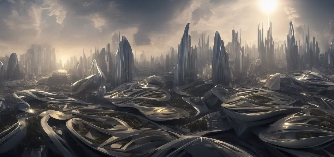 Image similar to dramatic view of a futuristic utopian city designed by frank gehry and zaha hadid, cinematic lighting, ultra detailed, sharp, ambient occlusion, raytracing, by greg rutowski, paul chadeisson and jessica rossier