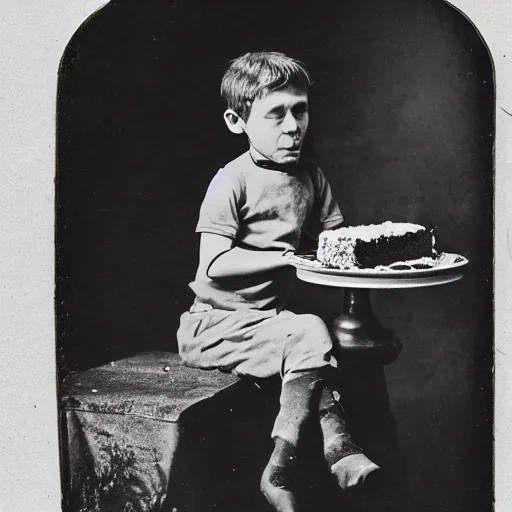 Prompt: a daguerrotype photo of a ugly boy man eating a cake, award winning photo