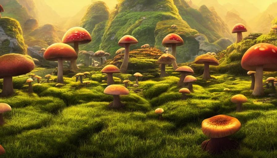 Image similar to A highly detailed digital art painting of a caustic poison mushroom landscape by from software, Makoto Shinkai, by Artgerm, by beeple, volumetric lighting, octane render, 4K resolution, trending on artstation, masterpiece, vivid colours