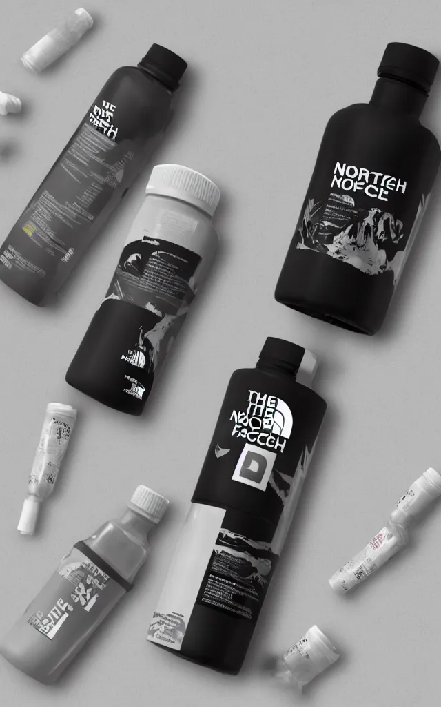 Image similar to the north face high tech dietary supplement bottle filled with dense white liquid, round bottle, black top, concept art, matte, sharp focus, illustration, art by aenaluck,