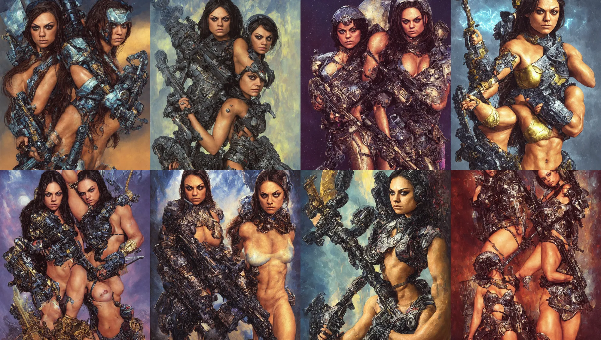 Image similar to bodybuilder mila kunis closeup portrait of a beautiful biblical diabolical girl holding a large cyber rifle, visor, neon armor, golden hour, gerald brom, mikhail vrubel, peter elson, muted pastel colors, extreme detail, light rain, trending on artstation, 8 k