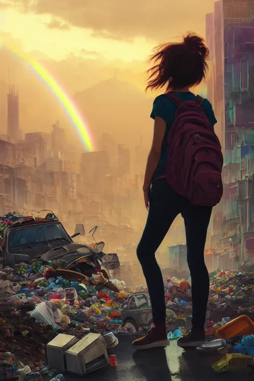 Prompt: young woman minishort with backpack looking at food at garbage dump, destroyed cars, city is pure wasteland, moody sunset background, rays of sunlights, ( ( ( rainbow ) ) ), high details, sharp, photorealism, cinematic, greg rutkowski, alphonse mucha, trending on artstation, artgerm, unreal engine, highly detailed