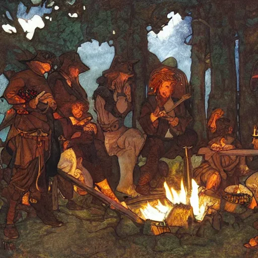 Image similar to a painting of medieval knights toasting marshmallows around the campfire in the style of howard pyle, arthur rackham, alphonse mucha. volumetric lighting. 8 k resolution. best detail. trending on artstation trending on deviantart