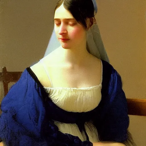 Prompt: a young woman’s face, her hair is white, she wears a long flowing blue satin veil, natural sunlight, by ivan aivazovsky and pieter claesz and paul delaroche and alma tadema and august malmstrom and and willen claesz heda and aelbert cuyp and gerard ter borch and isaac levitan and carl gustav carus, detailed, hyperrealistic, rendered in octane, rendered in redshift