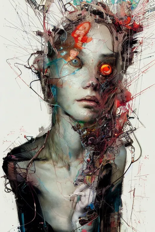 Prompt: young woman cyberpunk dream thief, wires cybernetic implants, in the style of adrian ghenie, esao andrews, jenny saville,, surrealism, dark art by james jean, takato yamamoto. intricate, very detailed, high quality