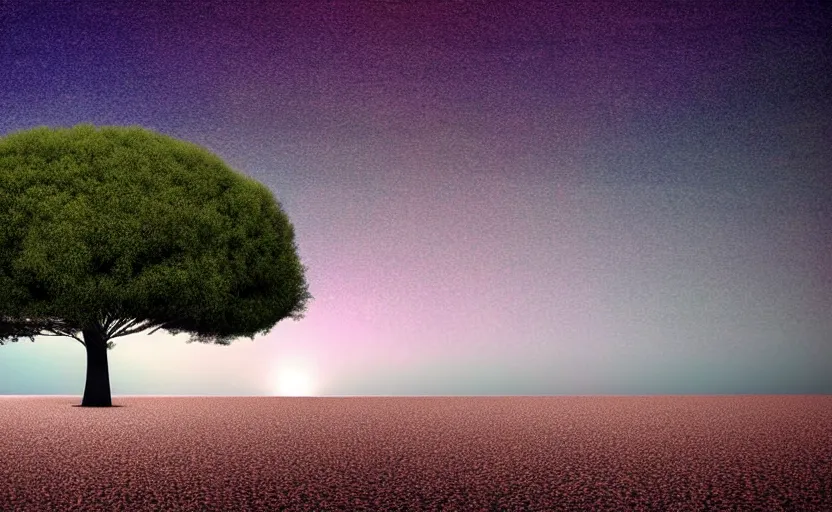 Image similar to one single stand alone huge hyperdetailed minimalist tree, seen from the long distance, at night. by the sea. maximalist unexpected elements. free sky in plain natural warm tones. 8 x 1 6 k hd mixed media 3 d collage in the style of a childrenbook illustration in pastel tones. matte matte background. no frame hd