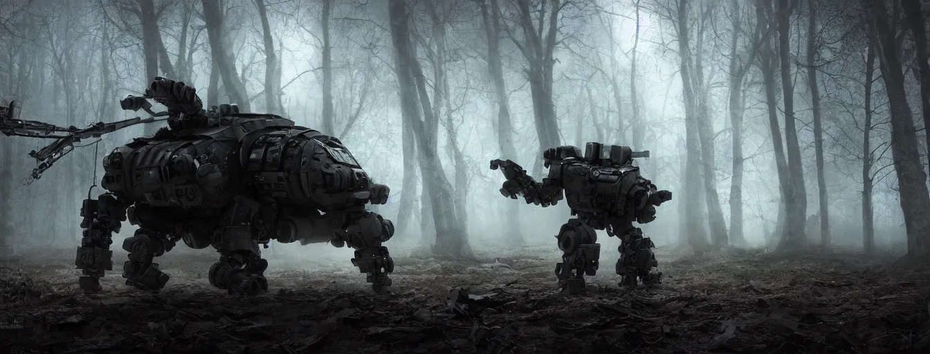 Image similar to detail view on heavy angry army robot just hunted remaining human in dark foggy old forest in the night, postapo, dystopia style, heavy rain, reflections, high detail, horror dramatic moment, motion blur, dense ground fog, dark atmosphere, saturated colors, by darek zabrocki, render in unreal engine - h 7 0 4