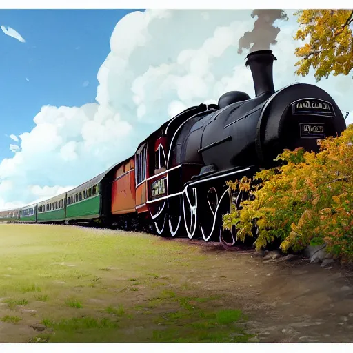 Image similar to concept art painting of a historic transverse view of a steam train, the train carries a cherry tree in flower, realistic, detailed, cel shaded, in the style of makoto shinkai and greg rutkowski and james gurney