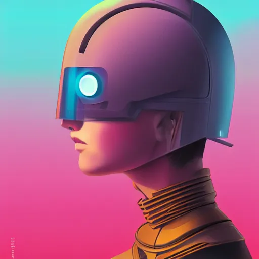 Prompt: mid shot profile androgynous girl, blade runner 2 0 4 9, scorched earth, cassette futurism, modular synthesizer helmet, the grand budapest hotel, glow, digital art, artstation, pop art, by hsiao - ron cheng