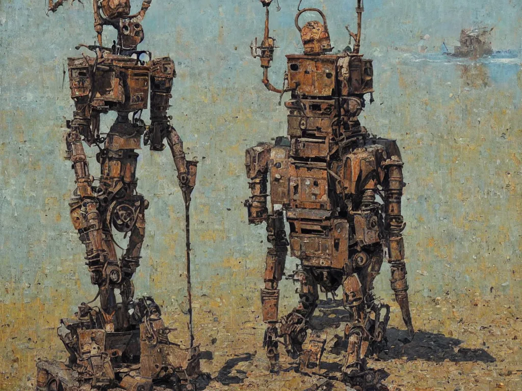 Image similar to rusty old robot standing, heatwave, Denis sarazhin, oil on canvas