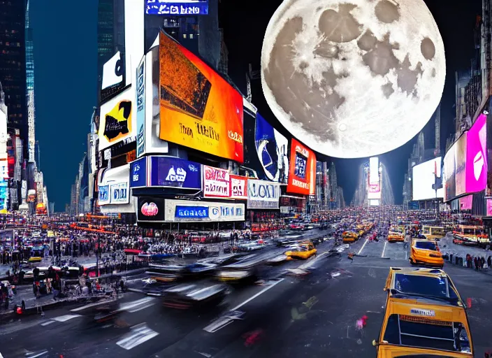 Image similar to film still of the moon shattering into pieces over time square in the new disaster movie, 8 k, night time