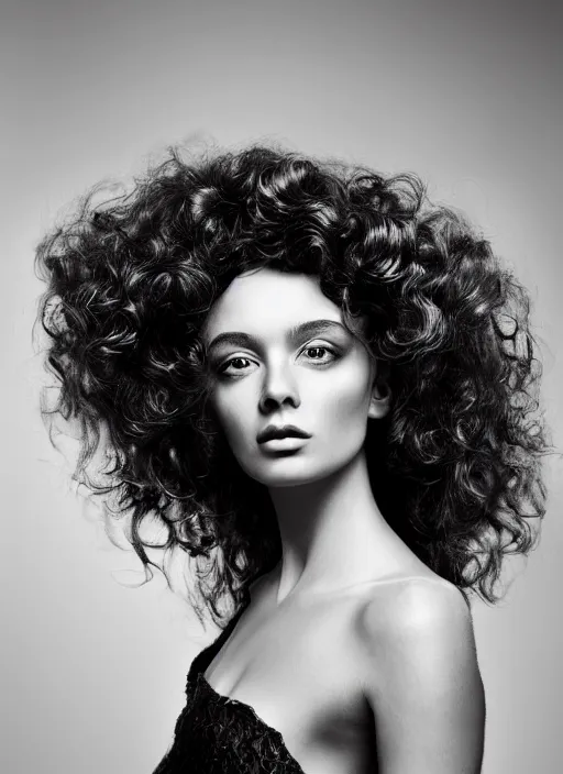 Prompt: a portrait of a stunning woman by justin ridler, beautiful, elegant, big curly hair, irakli nadar,