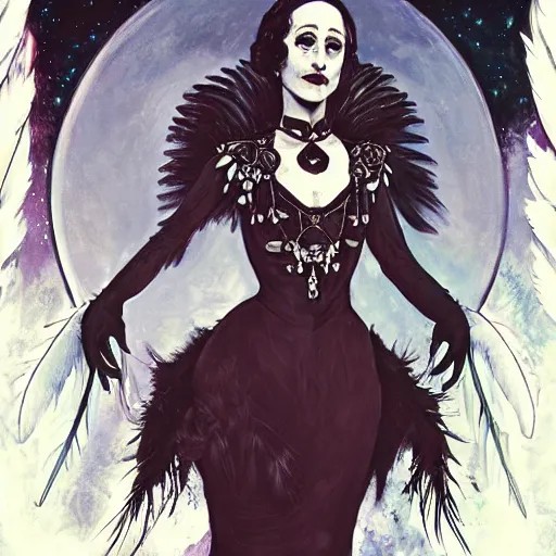 Prompt: Anna pavlova as beautiful dark angel gothic atompunk evil Disney villain queen with black feather hair, feathers growing out of skin, in front of space station window, highly detailed, dreamy, oil painting, Mike mignola, trending on artstation, comic book cover, illustration