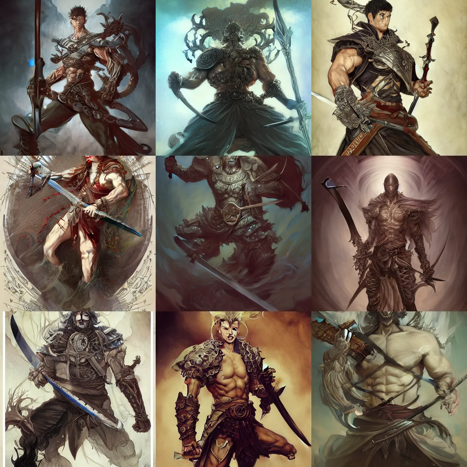 Prompt: Guts, Muscular swordsman wielding large sword, symmetrical, D&D character art, portrait, digital painting, Kentaro Miura, Peter Mohrbacher, Alphonse Mucha, Brian Froud, Yoshitaka Amano, Kim Keever, Victo Ngai, James Jean