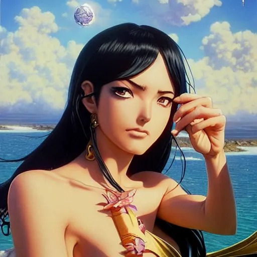 Image similar to highly detailed vfx portrait of nico robin by eiichiro oda!!!, stephen bliss, greg rutkowski, loish, rhads, beeple, makoto shinkai, tom bagshaw, alphonse mucha, sharp focus, art by artgerm and greg rutkowski, stanley kubrick, backlit, harsh overhead sunlight!!,