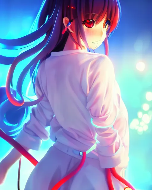 Image similar to anime style, vivid, expressive, full body, 4 k, painting, a cute magical girl with a long wavy hair wearing a nurse outfit, correct proportions, stunning, realistic light and shadow effects, neon lights, studio ghibly makoto shinkai yuji yamaguchi