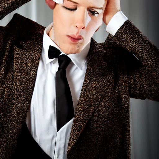 Prompt: whitebangs, a person getting ready for dinner, blackdinnerjacket, photrealistic