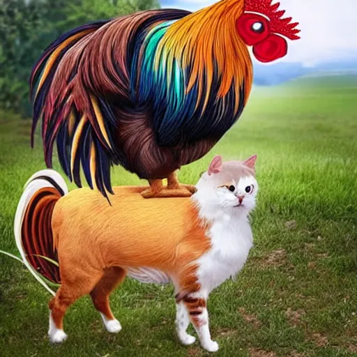 Prompt: a rooster on top of a cat on top of a dog on top of a donkey