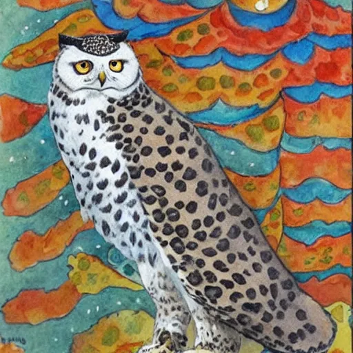 Image similar to snowy owl leopard cat gryphon, Louis William Wain watercolor, fantasy