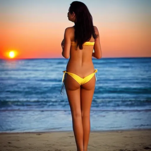 Image similar to a beautiful scenery of the sunset by the beach as a beautiful woman in a bikini,
