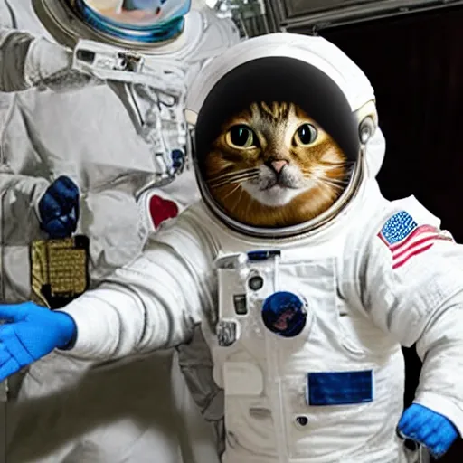 Image similar to cat astronaut shakes the hands with president