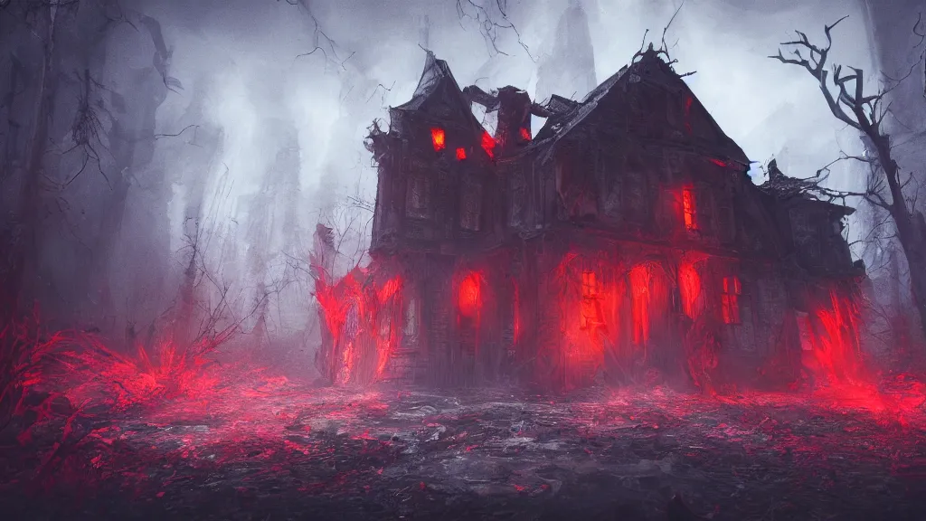 Prompt: inside a haunted destroyed house, a sigil scribbled on the ground and shining, the red goblin is sucked into it and vanished, trending on artstation, wide view, cinematic view, cinematic, 8 k, digital photo, unreal engine, colored paint, colorful paint, scary style