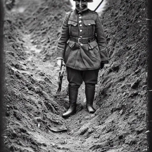 Image similar to a rabbit dressed as a ww1 russian soldier, posing in a muddy trench, grainy black and white photograph