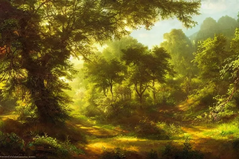 Prompt: lush forested landscape dense with trees and flowers, sunbeams streaming through the foliage, dreamy realism