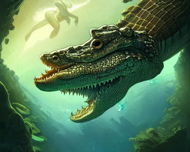 Prompt: a crocodile underwater discovering a glowing key on the bottom of a lake, deep focus, d & d, fantasy, intricate, elegant, highly detailed, digital painting, artstation, concept art, matte, sharp focus, illustration, hearthstone, art by artgerm and greg rutkowski and alphonse mucha