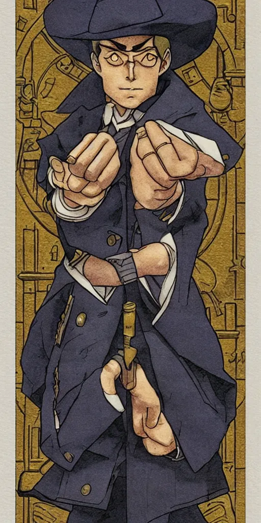 Prompt: the judge from Ace Attorney with a beam scale in one hand. Tarot card Justice, impressive art, detailed, single subject, high quality