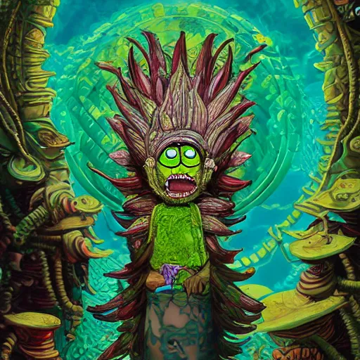 Prompt: Pickle Rick fantasy, fantasy magic, intricate, sharp focus, illustration, highly detailed, digital painting, concept art, jahbu art and Paul lewin and kehinde wiley, masterpiece