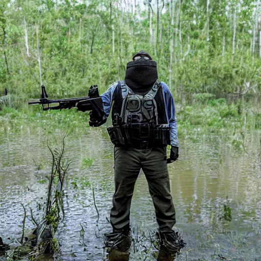 Image similar to professional photograph of an anthropomorphic frog wearing a kevlar vest and holding a black rifle in a swamp, 8 k, very intricate, very detailed, serious,