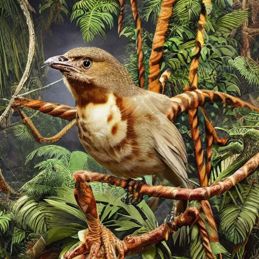 Image similar to photo of an intricate jungle scene showing a bird with six arms, covered in feathers. extreme detail, hyperrealistic photo, gloomy