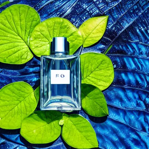 Prompt: perfume bottle sitting on a lilypad in the middle of a blue lake, close up shot, upfront, surrounded by tropical leaves, blurred tropical background, softly - lit, soft - warm, zen, light, modern minimalist f 2 0 clean